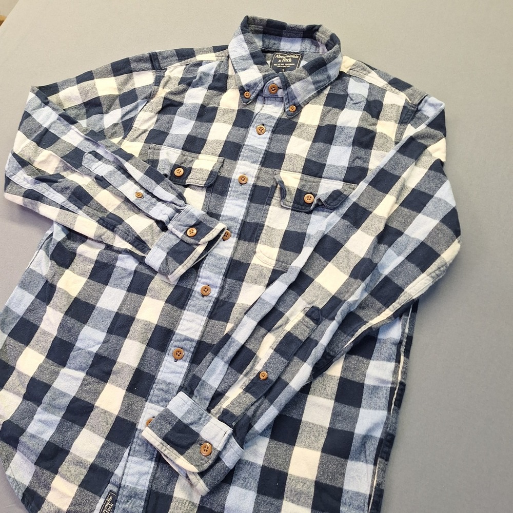 Abercrombie & Fitch Mens Blue White Buffalo Plaid Flannel Button Down Shirt S